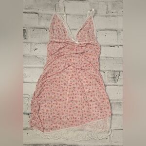 Pink Tulip Mesh Babydoll Nightie – Ruched Back Lace Trim Slip